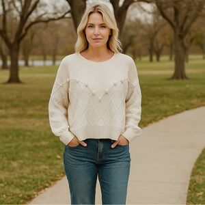 Tuckernuck Pomander Place Pom Pom Argyle Balloon Sleeve Sweater Cream Large